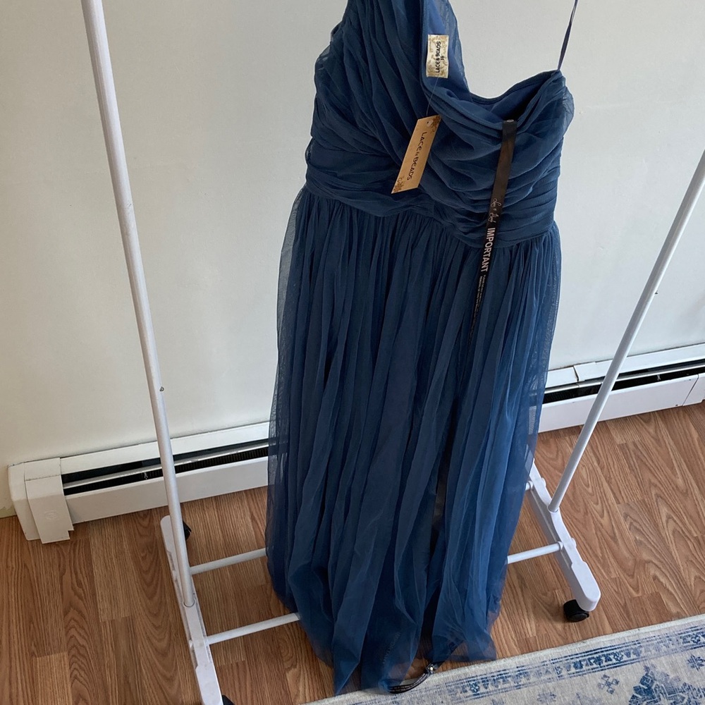 Lace & Beads UK bridesmaid pleated tulle one shoulder maxi dress in deep blue